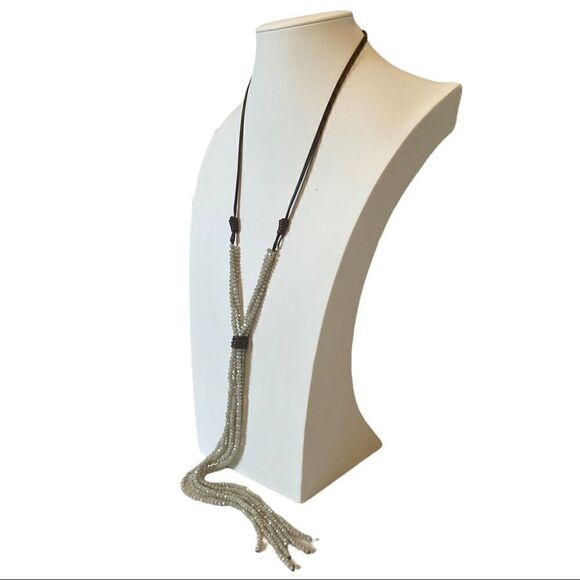 Multi-Strand Gray Faceted Lariat Style Necklace on Brown Cord. - Picture 2 of 5